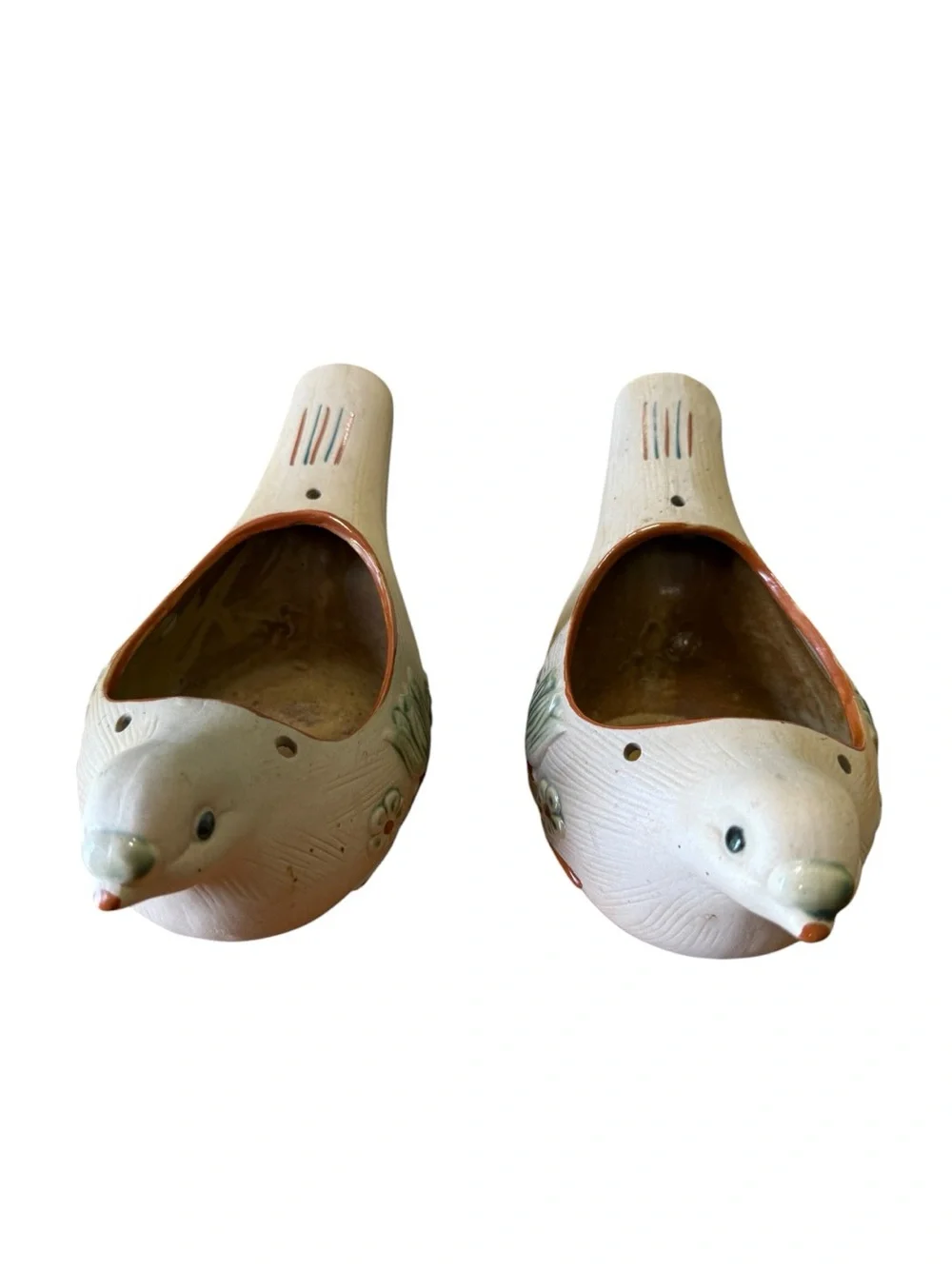 2 VTG 1970’s dove bird clay pottery hanging planter Tulip flower boho folk art